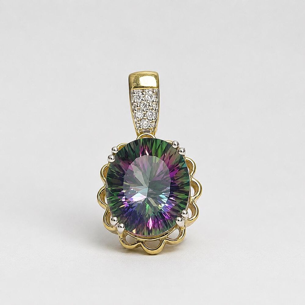Mystic Topaz 12X10MM Oval Concave Gemstone Pendant 14kt Yellow gold